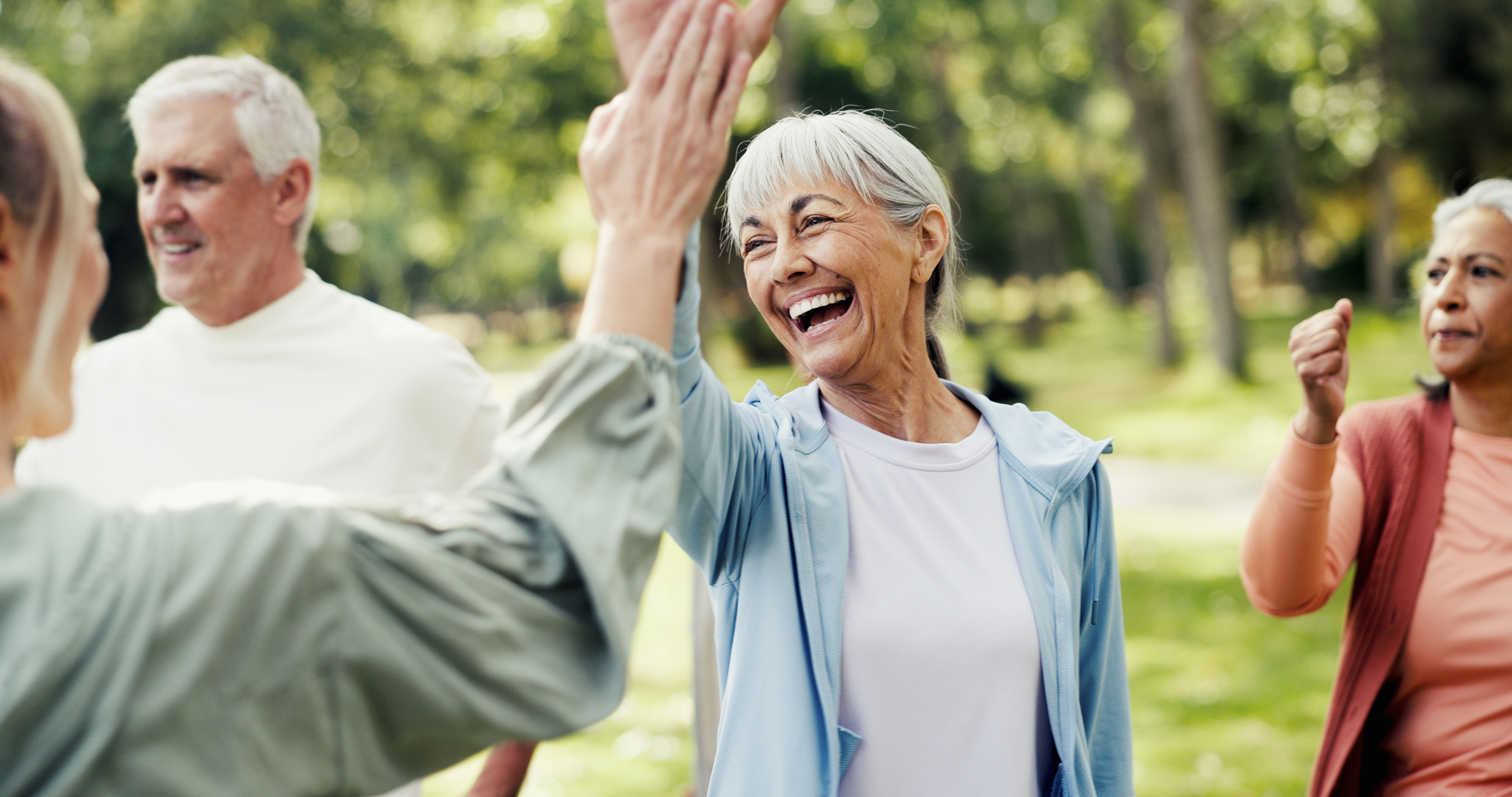 Joyful older adults gather in a sunny park, celebrating with a high-five, conveying friendship, energy, and community